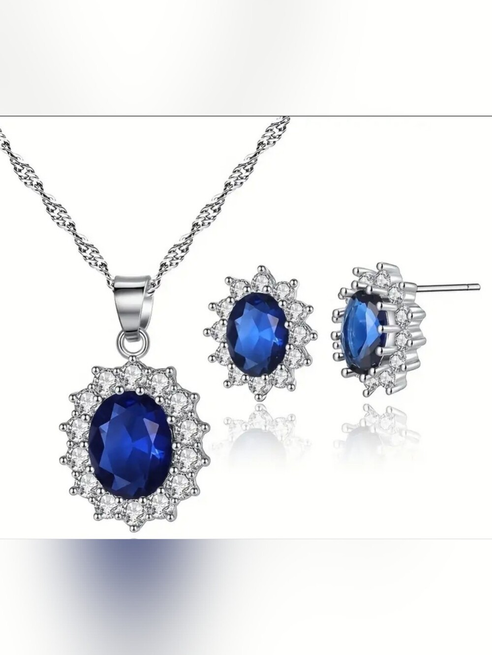 💎 NEW - Elegant Blue Crystal Halo Necklace and Stud Earrings Set